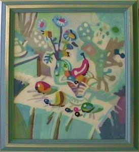 Stillleben-mit-Blumen-und-roter-Birne-60x55-1987-Hinterglasmalerei
